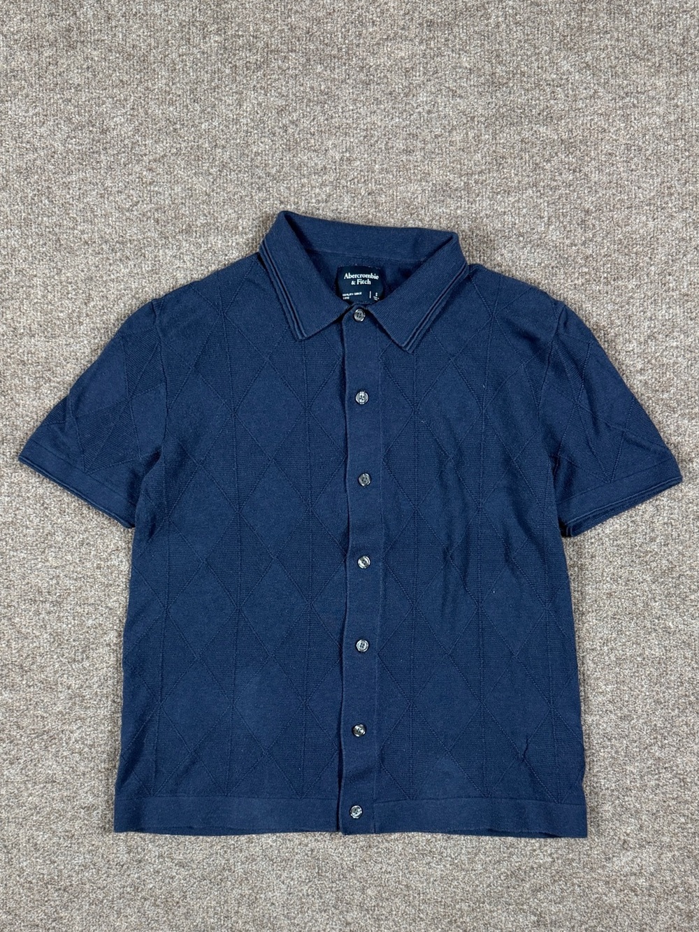 Abercrombie & Fitch Navy Blue Short Sleeve Button Up Argyle Knit‎ Shirt Men’s S